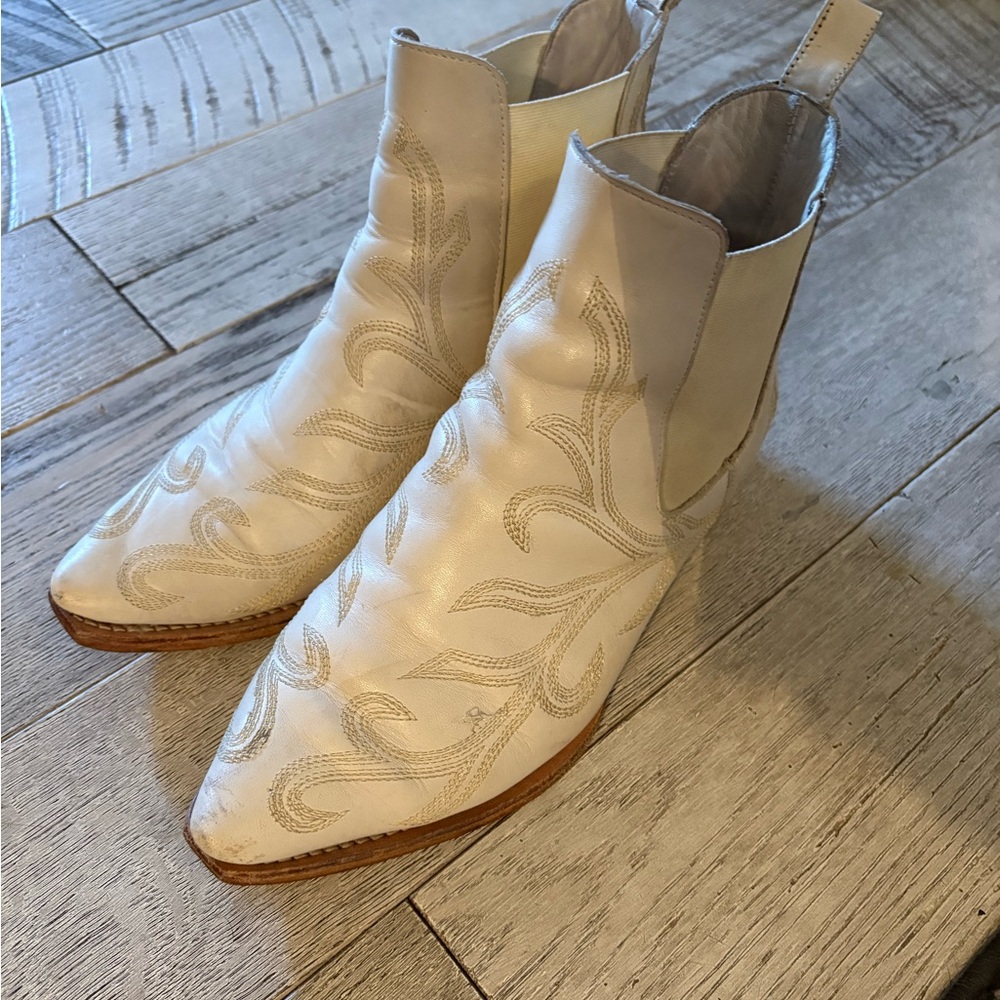 Free People Cream Embroidered Ankle Boots